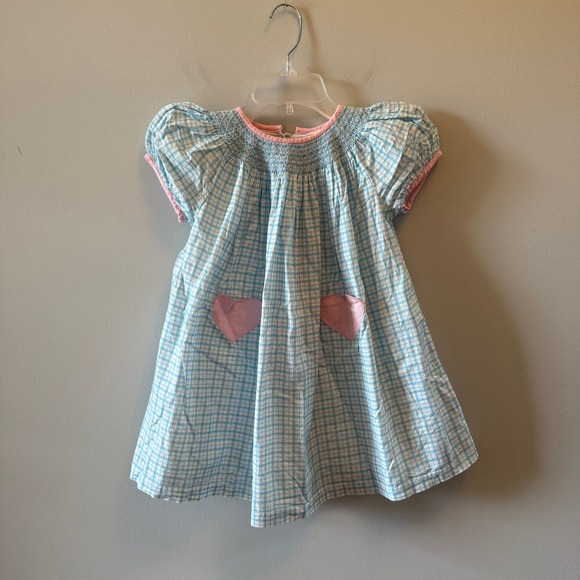 Dondolo Other - Dondolo Smocked Blue Plaid Dress with Heart Pockets Girls Size 6